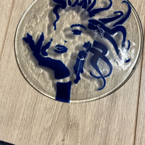 Clear 6 7/8” Round Art Glass Plate w/Blue Lady Design.  No chips/cracks. - Picture 2 of 6